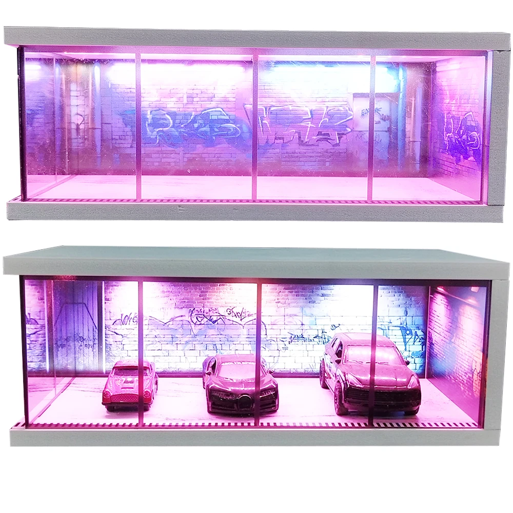 1/64 مقياس دييكاست سيارة عرض القضية مع مصباح ليد واقعية سيارة المرآب ديوراما المنمنمات نماذج مجموعة دييكاست سيارة عرض حالة