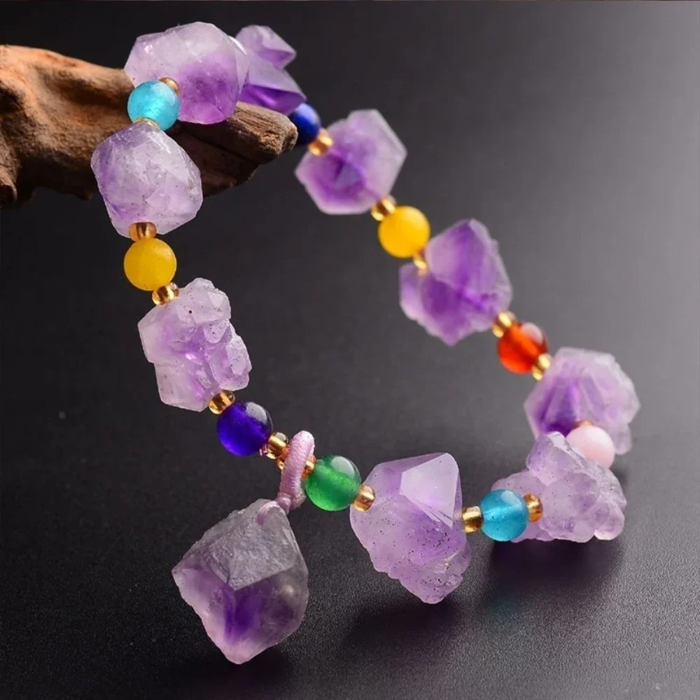 Bracelet améthyste lavande naturelle, 1 pièce, améthyste irrégulière, perles en pierre brute, bijoux violets faits à la main, cristaux de guérison Reiki, cadeau