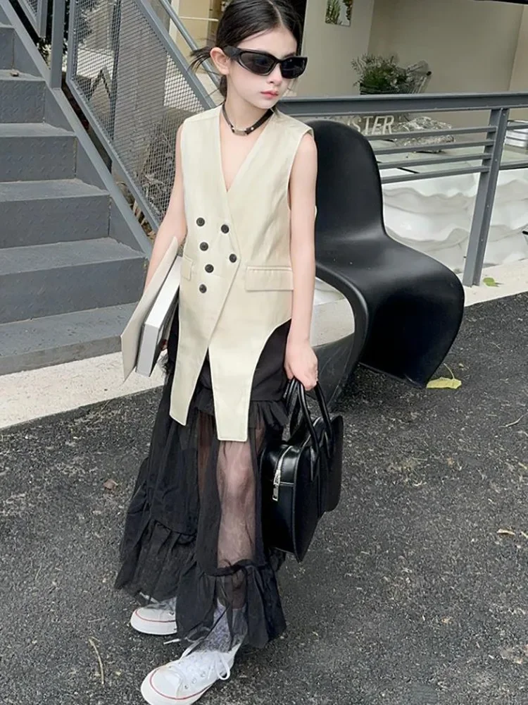 

Fashion Vest + Mesh Skirts 2pcs Sets 2024 Spring Summer New Irregular Sleeveless Tops Girl Suits Teenage Clothes Kids Sets