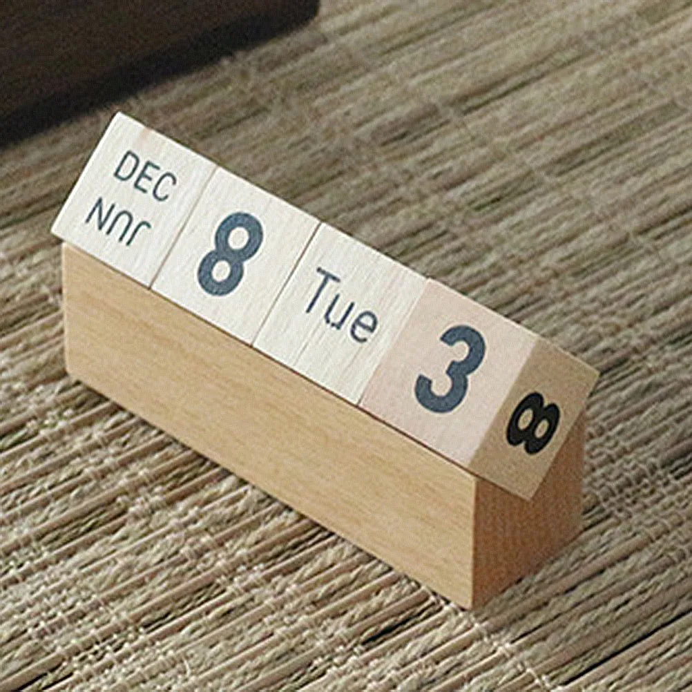 Wooden Desktop Manual Perpetual Calendar Handmade Natural Wood Block Date Planner for Office Desk Living Room Decor Vintage