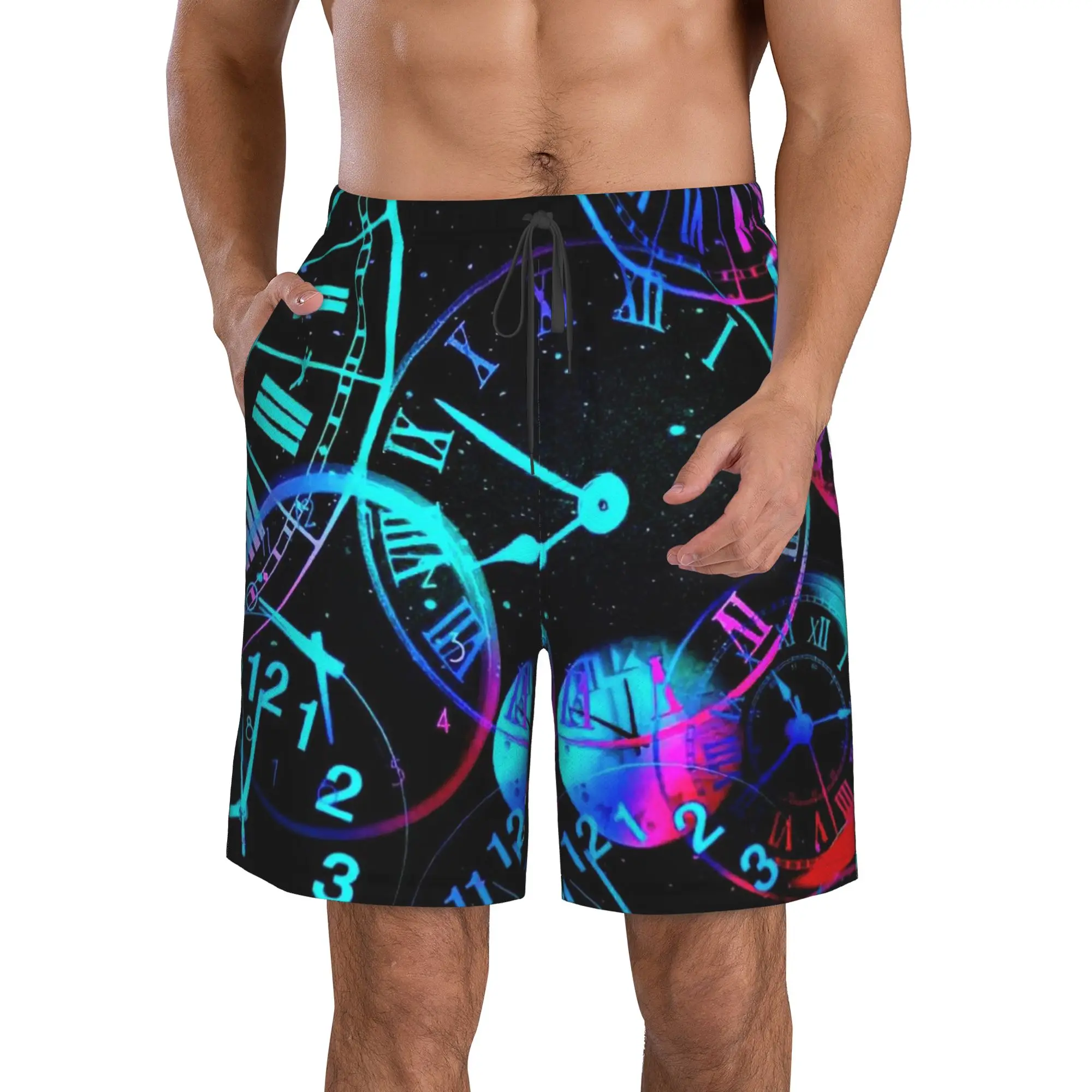 Neon Colorful Clock Time Pattern Trunks Beach Board Shorts Casual Quick Dry Swim Summer Men Pants