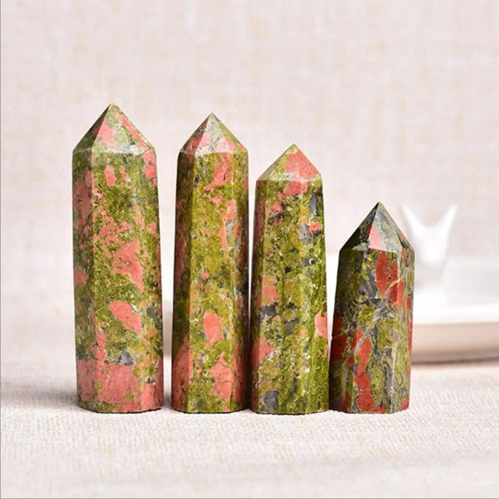 40-100mm Crystal Hexagonal Prism Natural Unakite Wand Energy Amethyst Tower Home Furnishing Decoration