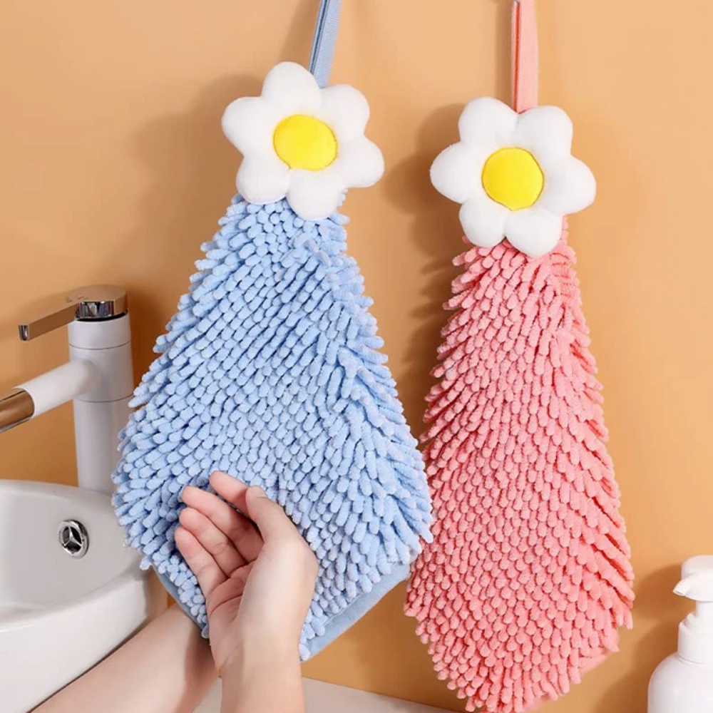 Chenille Hand Towel with Hanging Loops, Quick Dry, Soft, Absorbent, Microfiber, Bathroom, Kitchen