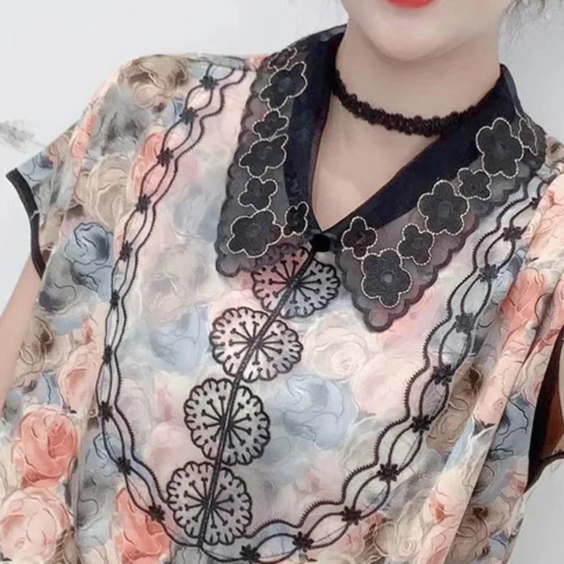 2023 Summer New Turn-down Collar Short Sleeve Vintage Elegant Printing Chiffon Shirt Women High Street Y2K All-match Pullovers