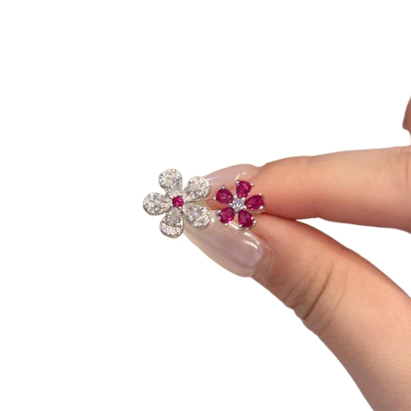 خواتم عصرية وعالية الجودة من الفضة المبهرة عيار 925 على شكل زهرة حمراء ماسية كاملة للنساء هدايا مجوهرات فاخرة ورائعة