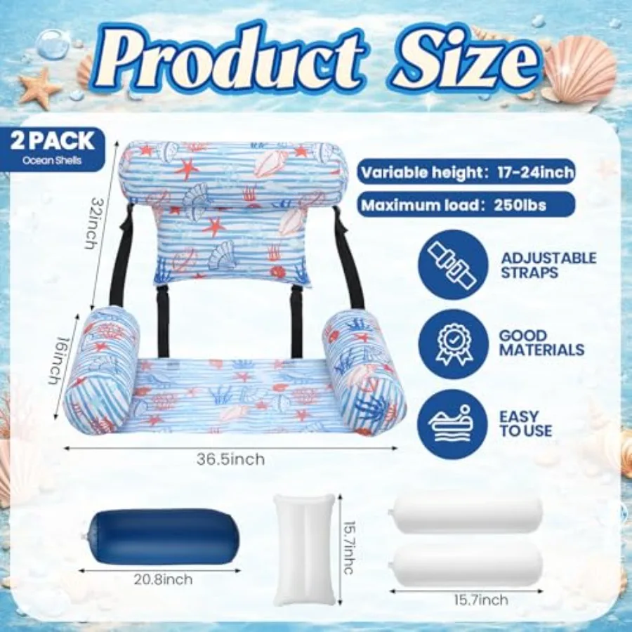 2 Pack Large Pool Chair Floats Adult Inflatable Pool Lounge Chair Summer Pattern Water Floating Chair Adjustable Pool Float Ham
