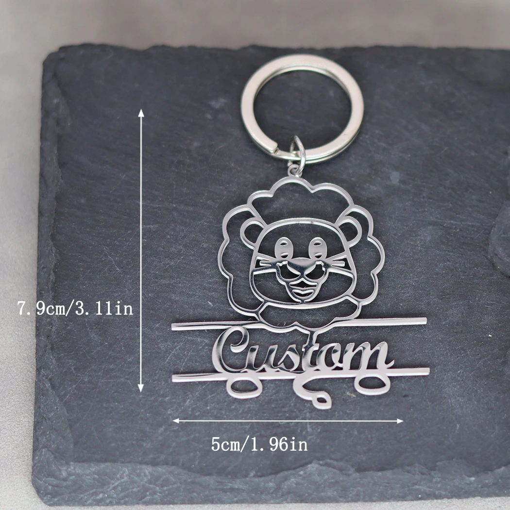 Cartoon Animal Lion Custom Name Keychain Stainless Steel Jewelry Personalized Men Women Car Keyring Trendy Souvenir Gift