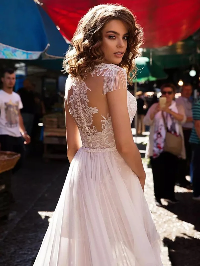 Robes de mariée de plage Boho avec pompon en dentelle au dos, 2 pièces, patients courts, quoi que ce soit avec des poignées en mousseline fendue haute, jupe amovible