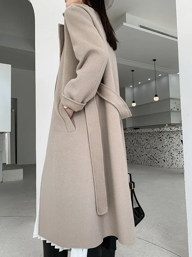 100% Pure Wool Women\'s Coat Pure Color Ribbon Belt Reversible Woolen Coat Fall Winter Fashion Flattering Women\'s Coat Warm