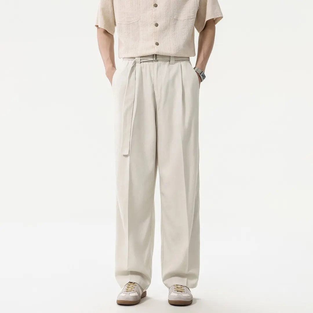 Men Loose Business Casual with Belt Suit Pant Office Man Commuter Straight Trousers Korean Streetwear Fashion Baggy Pants