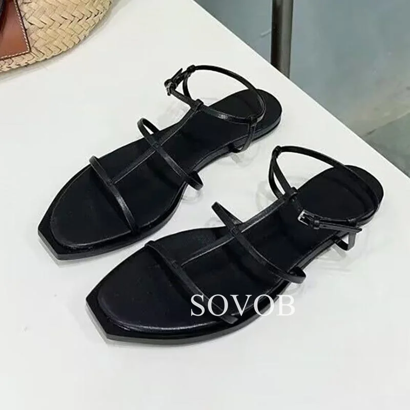 Summer Genuine Leather Narrow Band Hollow Open Toe Sandals For Women's Retro Ankle Strap Roman Sandalias Casual Vacation Shoes