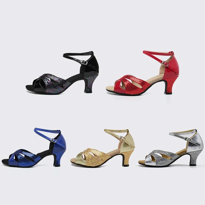 Zapatos de baile latino de Tango para niña y mujer, calzado con tacón de 3,5 cm/5,5 cm, Color plateado, dorado, negro y azul, venta al por mayor