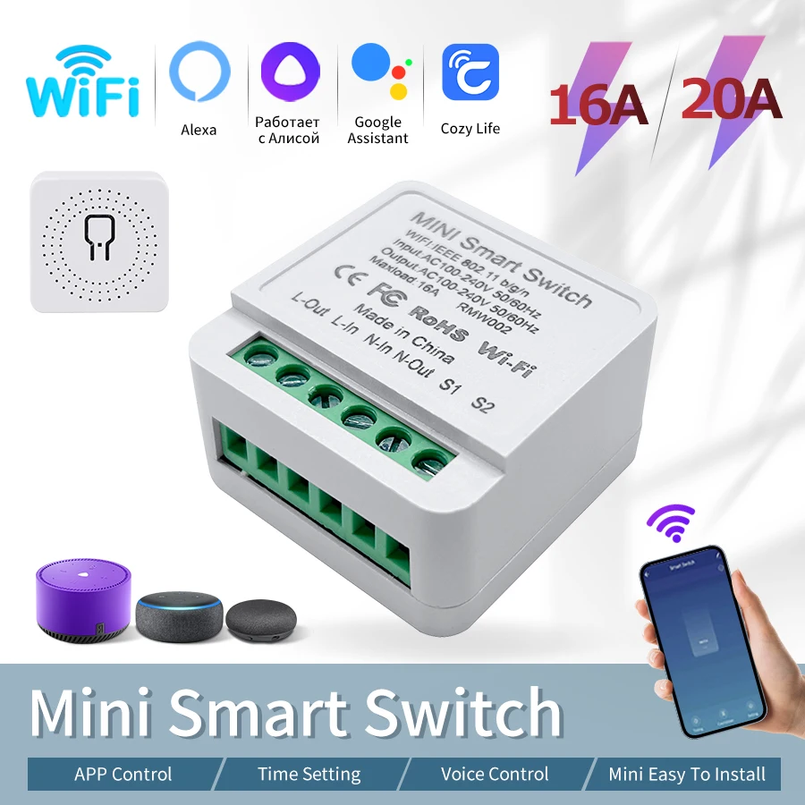 WIFI Smart Switch Wireless Switch 16A 20A AC100-240V APP/Voice Control Time Setting for Cozylife/Alexa/Google Assistant Cassette