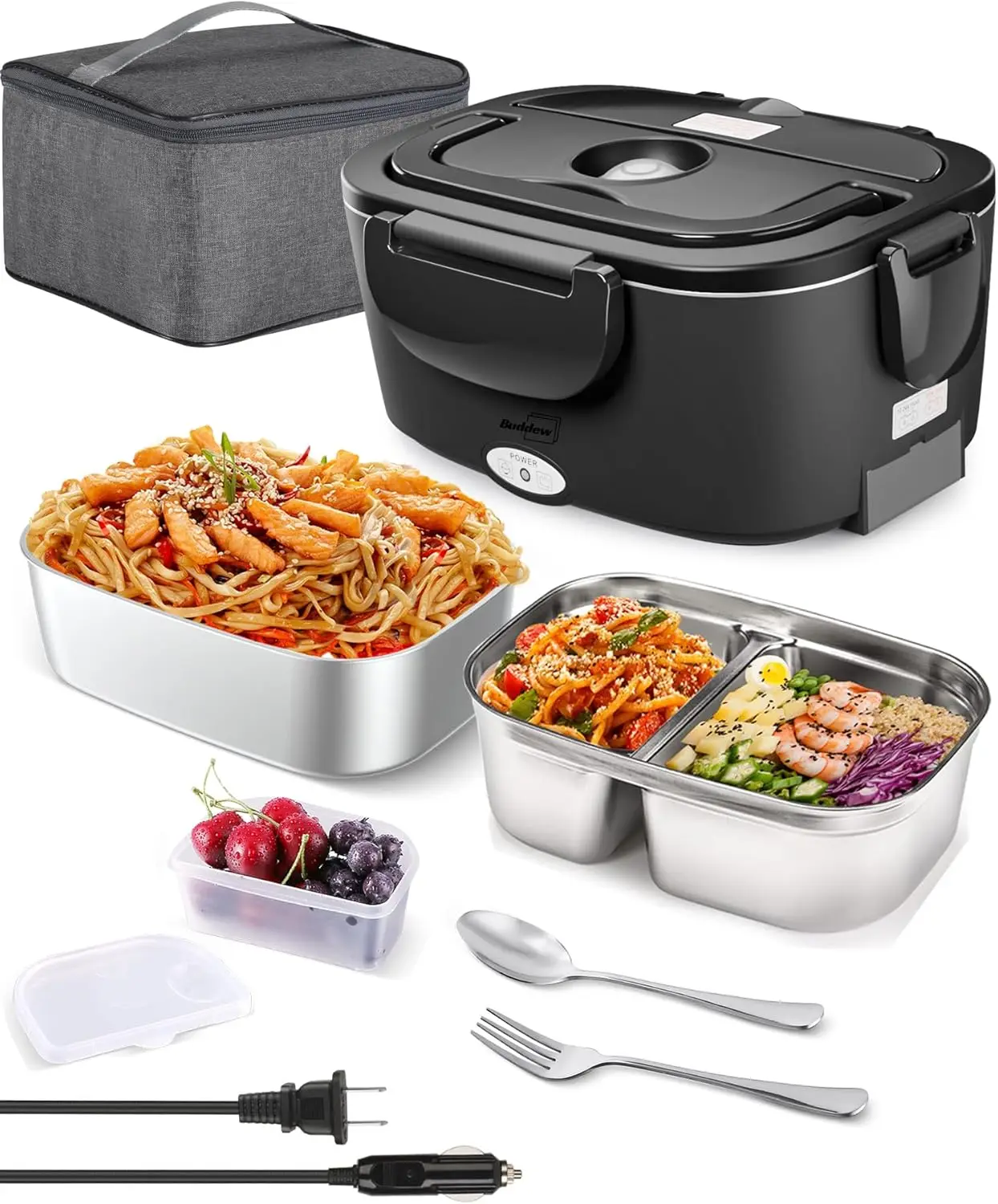 

80W Heated Lunch Box with Dual 1.5L Stainless Steel, Portable Food Warmer for Travel & Work
