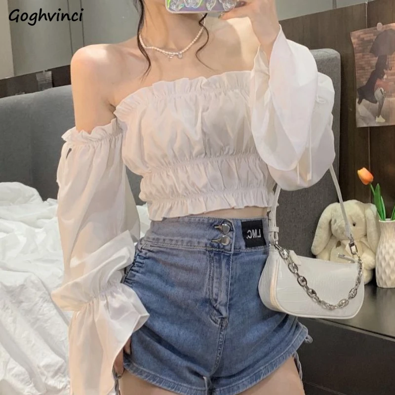 Crop Tops Blouses Women Slim Tender Slash Neck Hotsweet Girlish Backless Elegant Korean Style Casual Aesthetic Blusas De Mujer