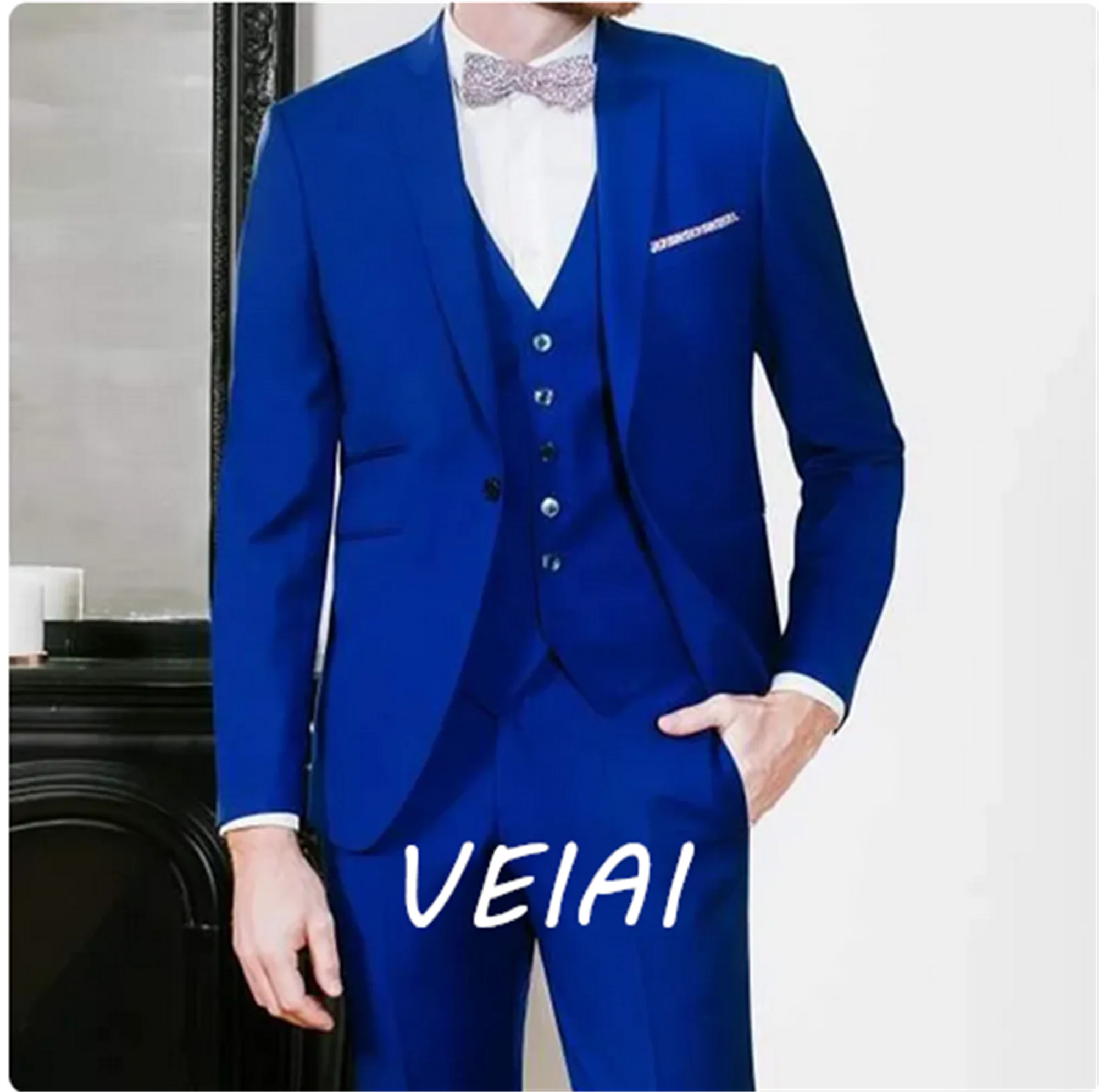 

3 Piece Royal Blue Men Suits Slim fit Wedding Tuxedo with Notched Lapel Male Fashion Clothes Groom Suit Set Jacket Vest Pants