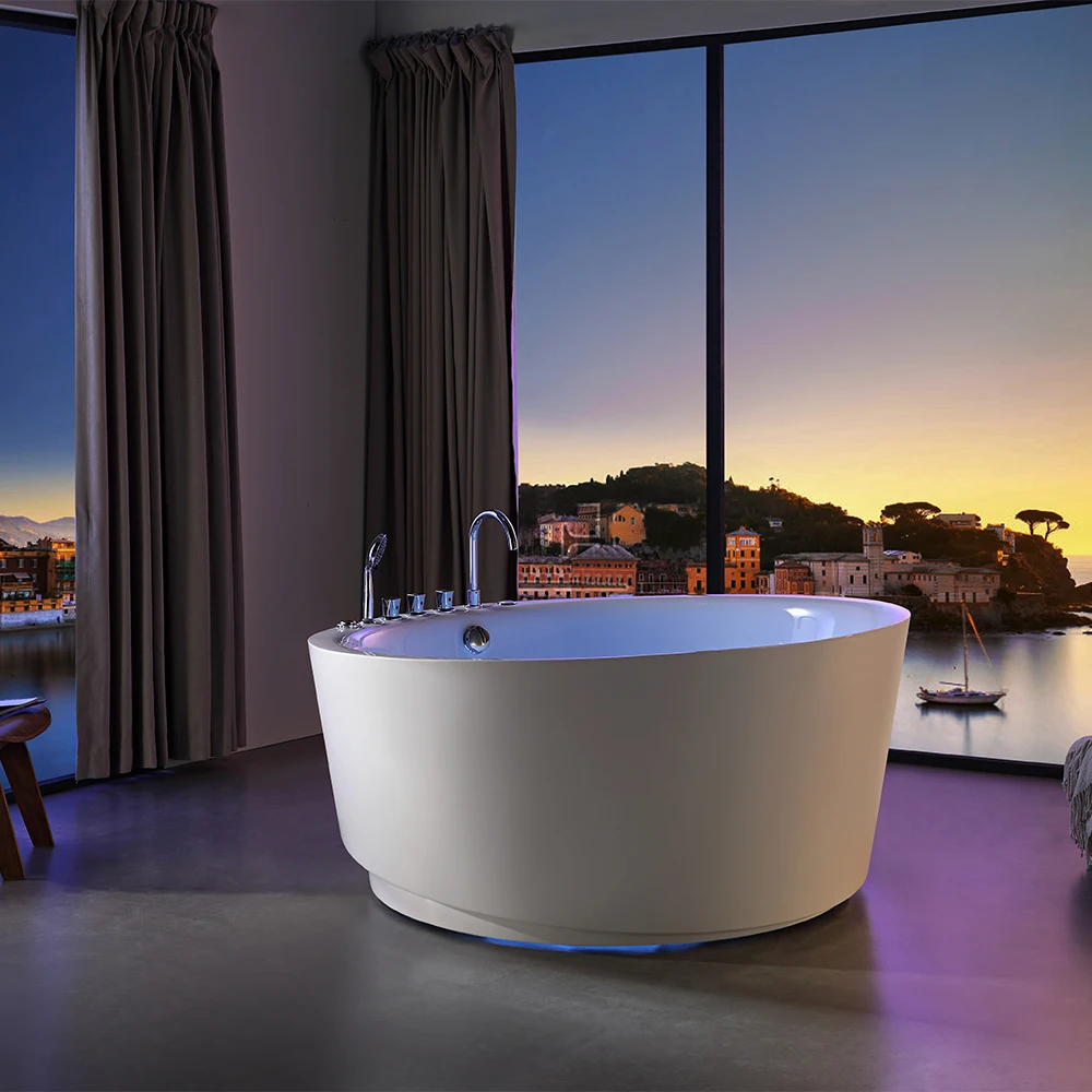 

Modern Indoor Round Bathtub Freestanding Acrylic White Bathtub Modern Stand Alone Soaking Bath Tub With LED Lights