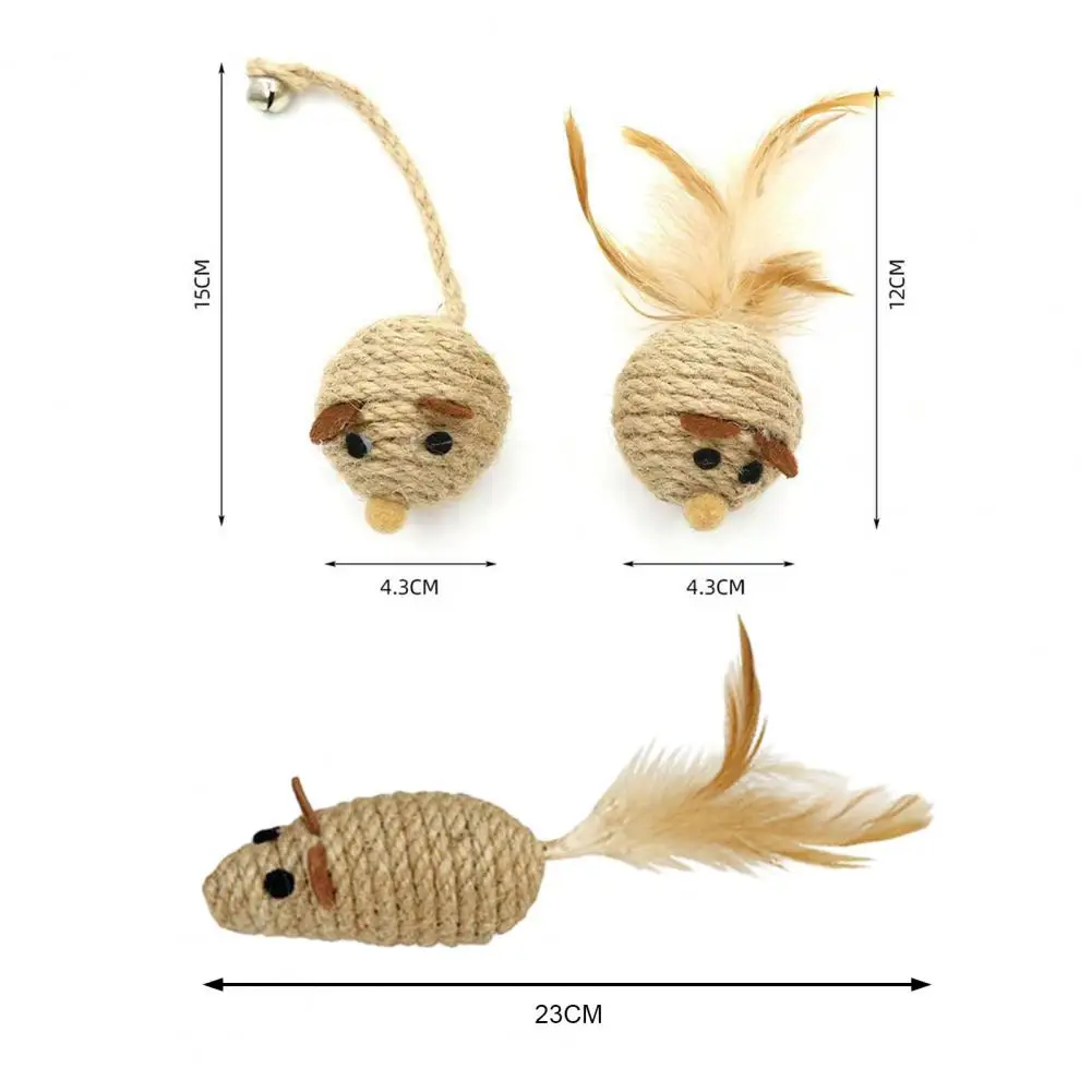 Handwoven Hemp Rope Mice Cat Toy With Natural Feather And Jingling Bell - Interactive Play For Cats, Durable And Fun Pet Toy