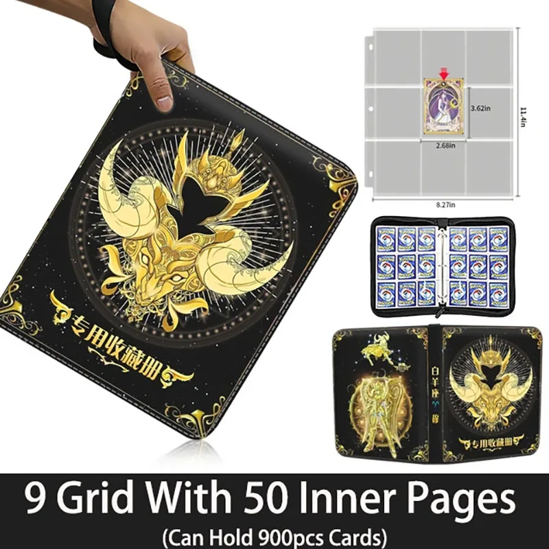 Saint Seiya Anime Card Binder, Livro de colecionador, Pasta, Zipper, Trading Game, Álbum de cartões, Titular com 50 páginas internas, 4, 9 bolso