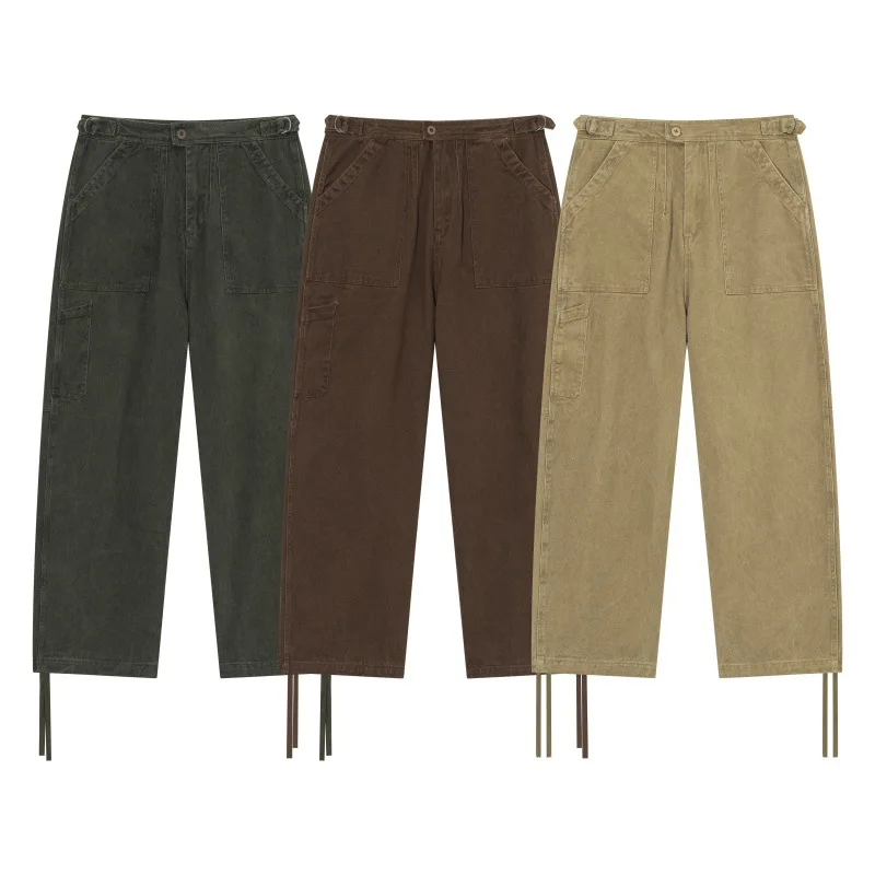 

100% Cotton Men's Cargo Pants, Vintage Washed Straight-Leg Pants, Men Trousers with Tassel-Trimmed Leg Openings