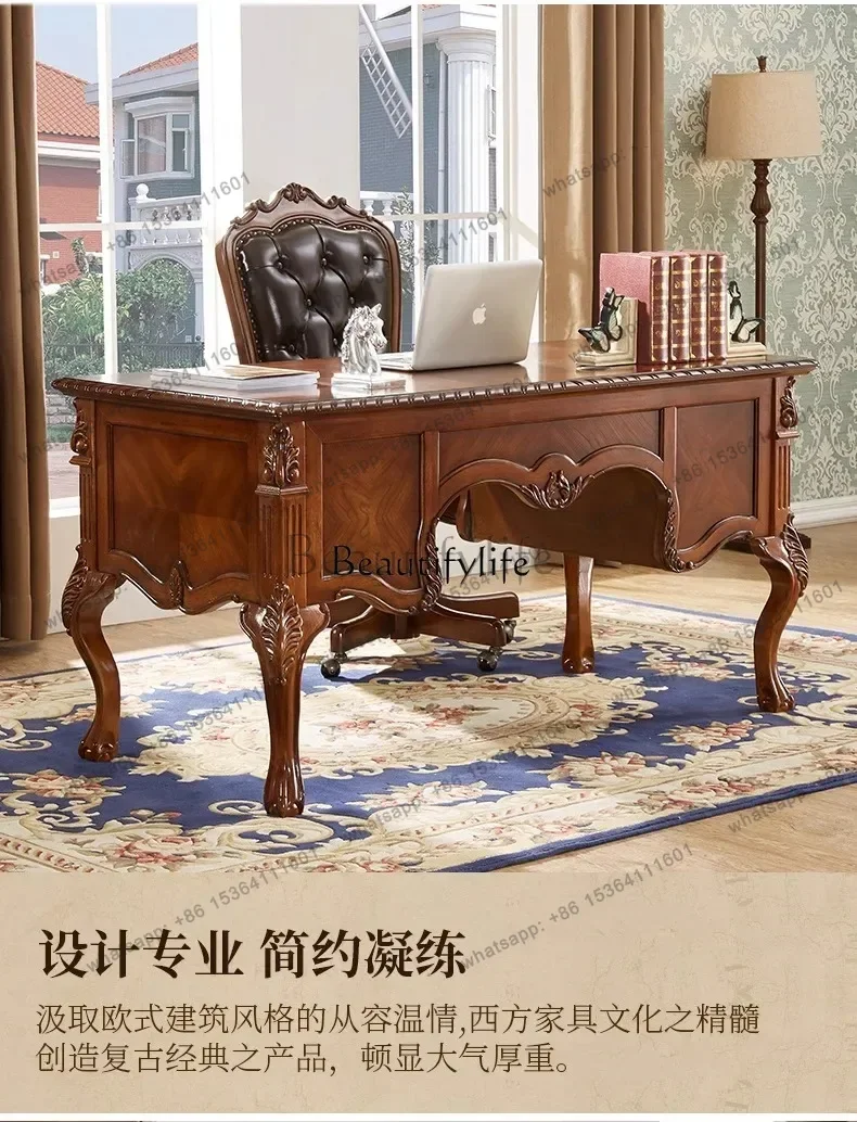 HJ American-Style Solid Wood Desk European-Style Vintage Engraving Desk