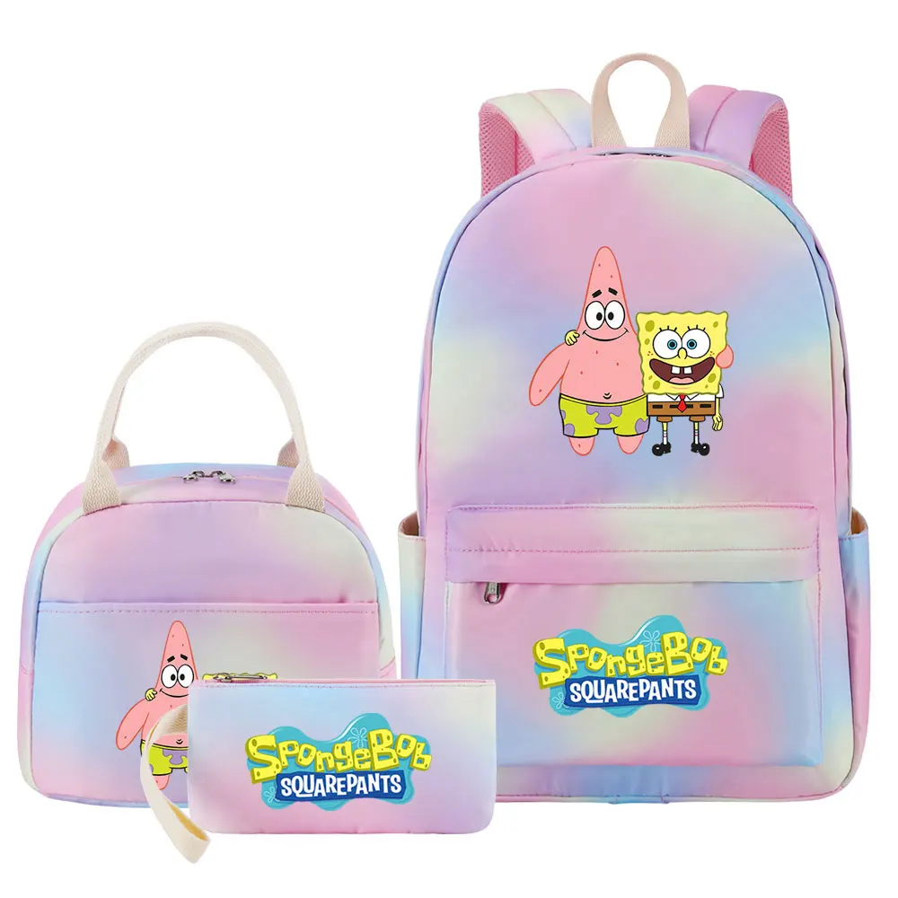 New Kwaii Girls Kids Pen Lunch Bags Bookbags 3 Pcs Sponge Bob Women Teenagers Schoolbags Travel Laptop Rainbow Backpack