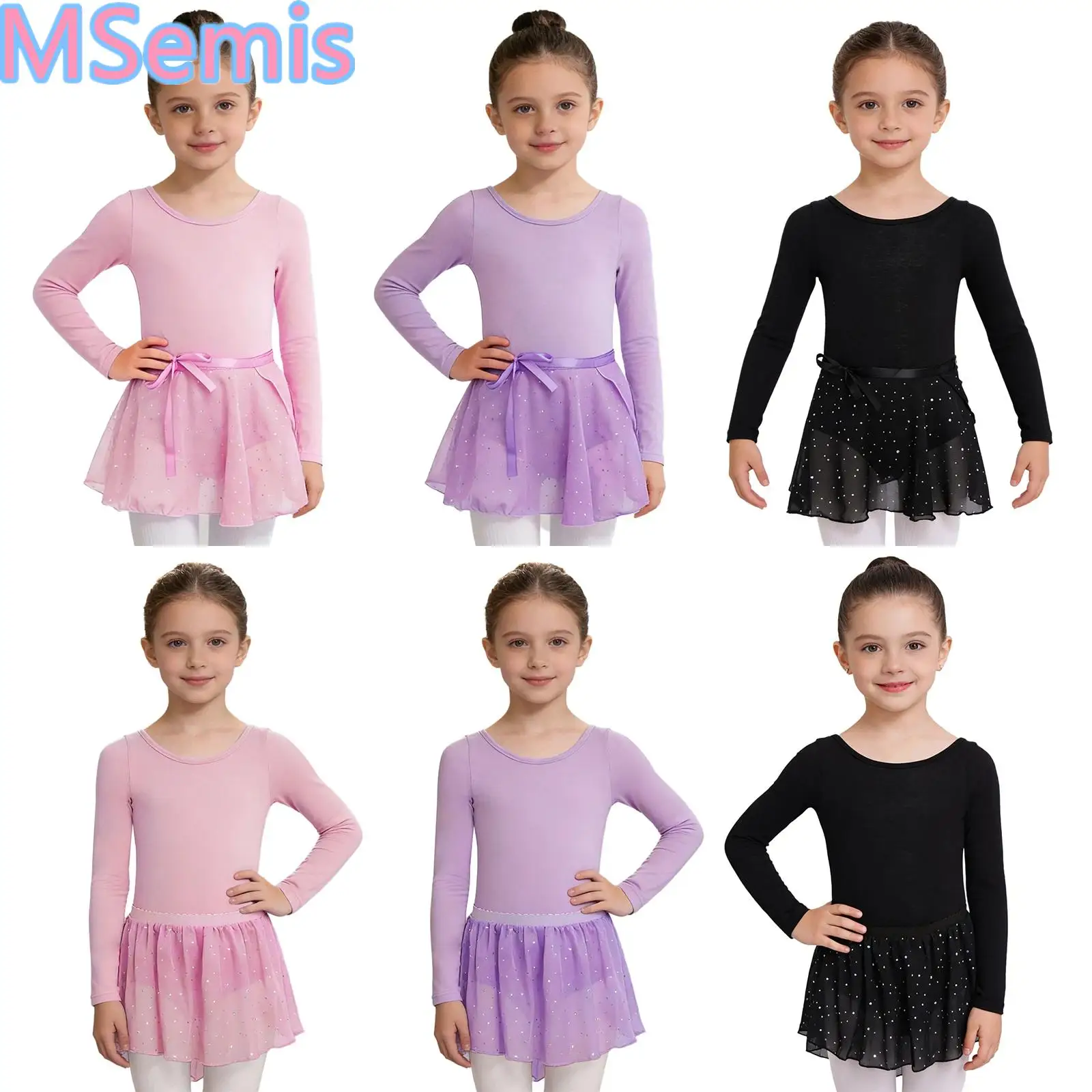 

Kids Girls Ballet Dance Gymnastics Outfit Crisscross Back Long Sleeves Leotard with Shiny Sequins Skirt for Performance