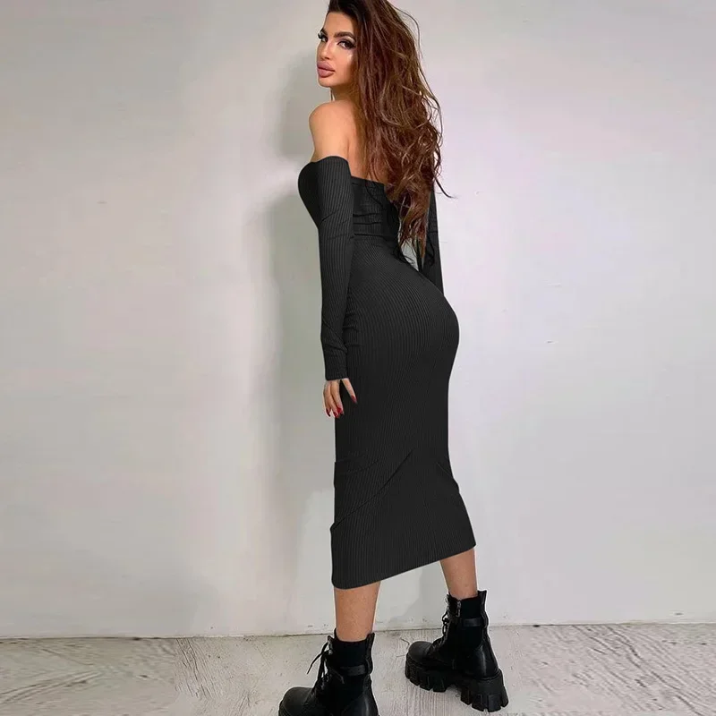 Women's One Shoulder Long Sleeve Dress, Directional Design Dresses, Monochromatic Peplum Hip Dresses, Elegant, New