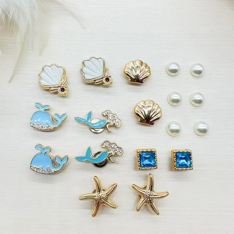 18pcs Ocean Series Shoe Charms Set Summer Decorations with Starfish Fish Seashells in Golden And Blue Perfect Gift for Beach Lov