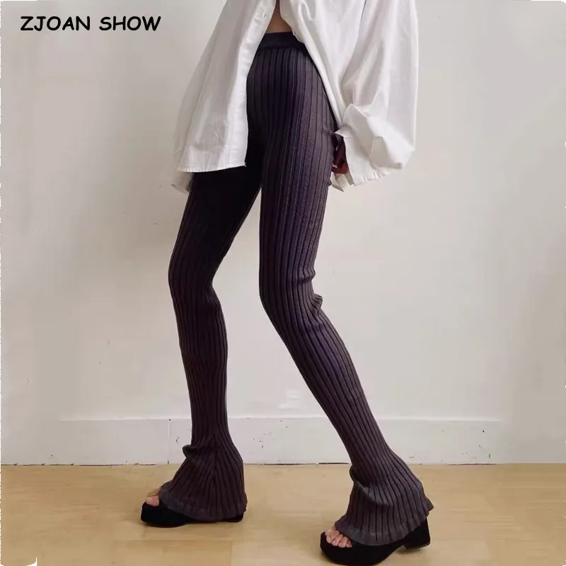 

2023 American Retro Wood ears Cuff Ribbed Knitting Flare Pants Woman High Waist Stretch Slim Skinny Trousers Legging Bottom