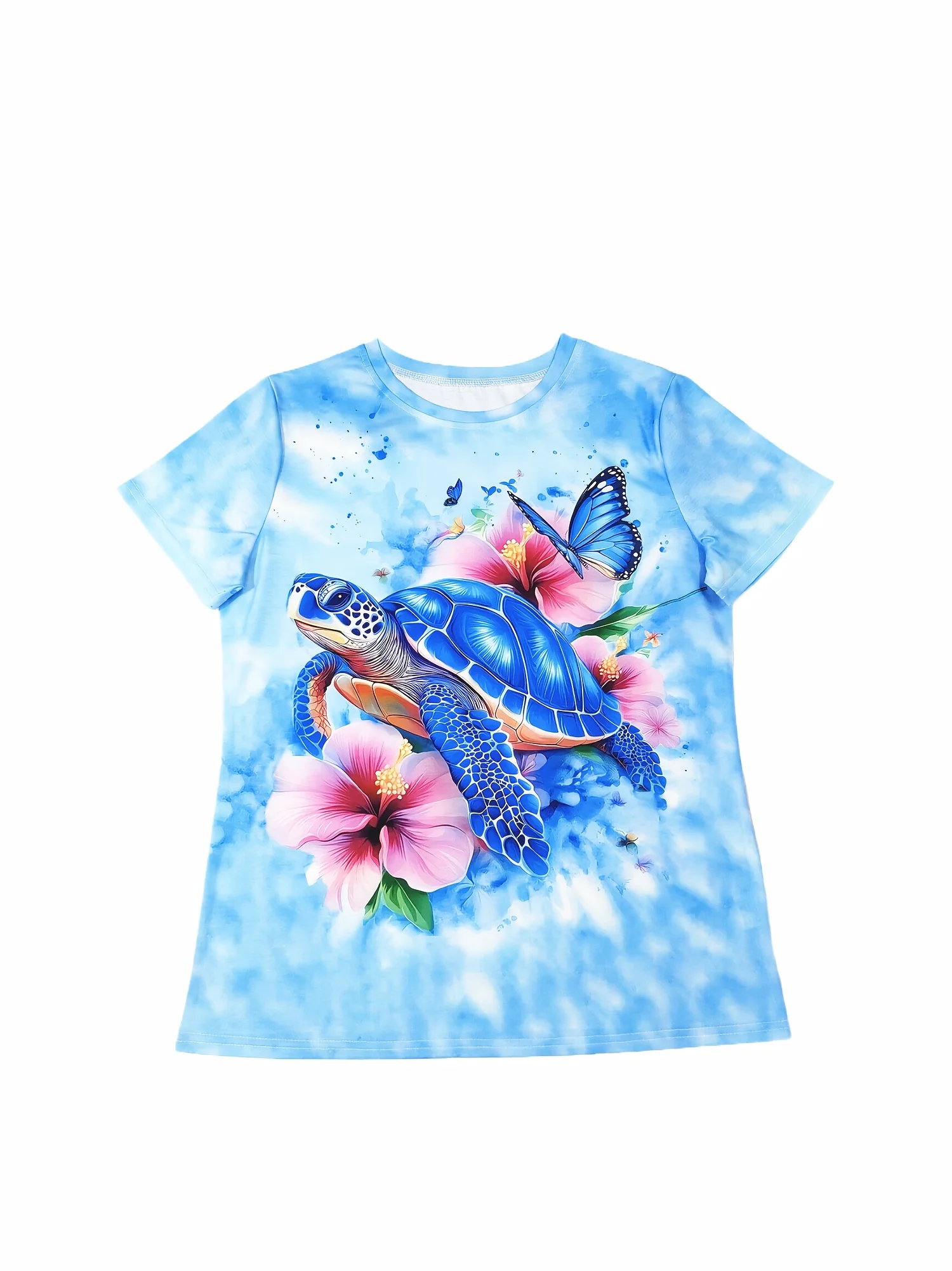 Light Blue Women's Tee - Blue Turtle & Hibiscus Graphic, Tropical Beach Print Design for Casual Daily Wear view 3