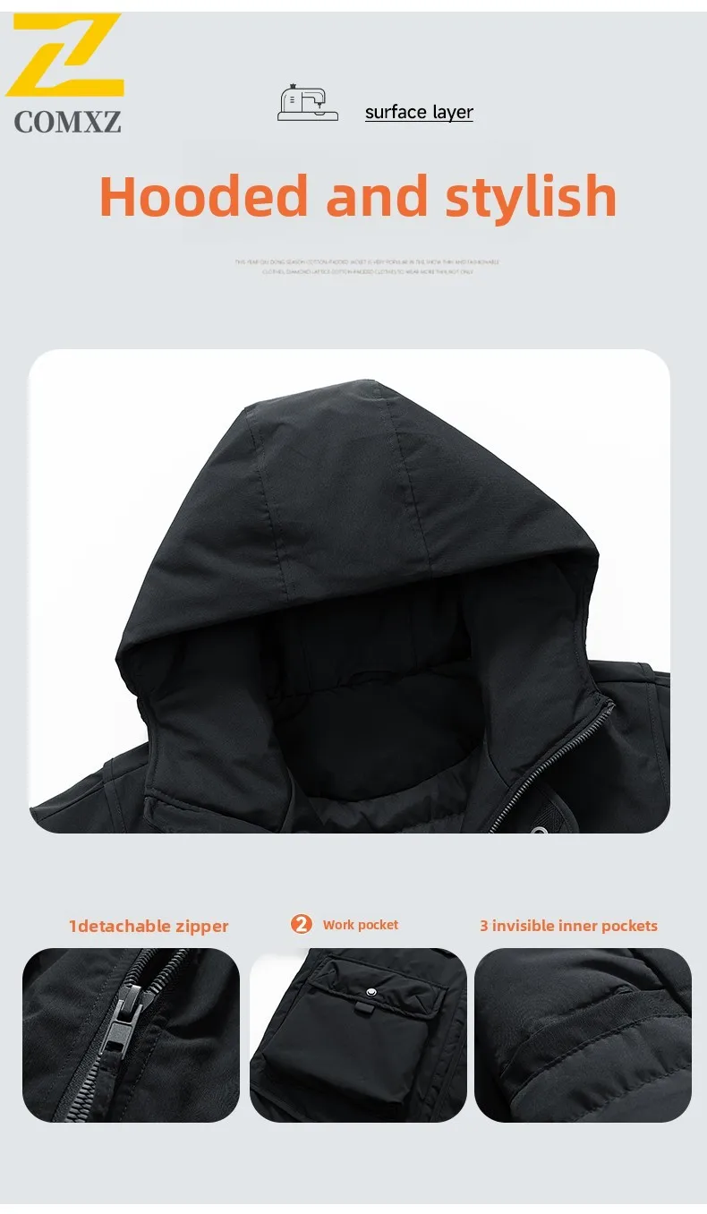 الرجال أسفل سترة 2025 نمط جديد وهمية قطعتين أفخم سميكة مكافحة الباردة الدافئة عمال مقنعين باركر معطف في الهواء الطلق سترة شتوية