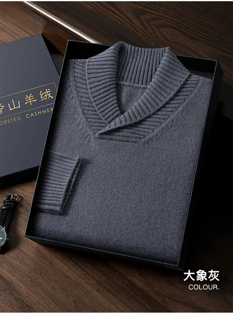 Thick long-sleeved fashion olive Henry collar pure cashmere sweater men\'s autumn and winter sweater comfortable warm sweater.