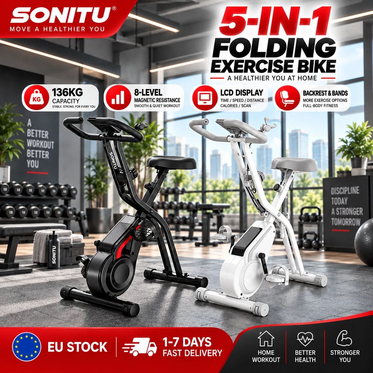 Sonitu Cbx20, cyclette pieghevole 5 in 1 per l’allenamento a casa, capacità di carico di 136 kg. Capacità di carico, resistenza magnetica a 8 livelli, display LCD, schienale regolabile e fasce di
