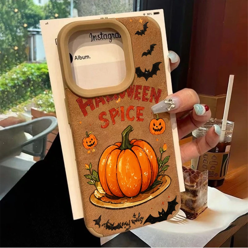Phone Case For iPhone 18 17 16 15 14 13 12 11 Pro Max XS X XR 15 16 Plus 17 Air Halloween Pumpkin Monster Bat Faux Leather Cover