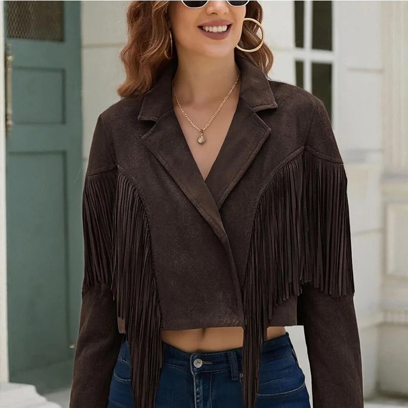 

2025 Новый европейский и американский стиль, модная универсальная короткая куртка в стиле панк-рок с эффектом замши и кисточками для женщин