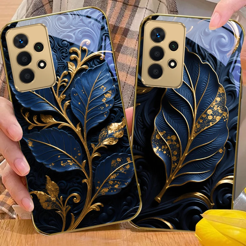 

Deep blue toned leaves For Samsung A56 A55 A54 A53 A52s A52 A51 A16 A15 A14 A13 A12 A36 A35 A34 A33 32 Golden glass phone case