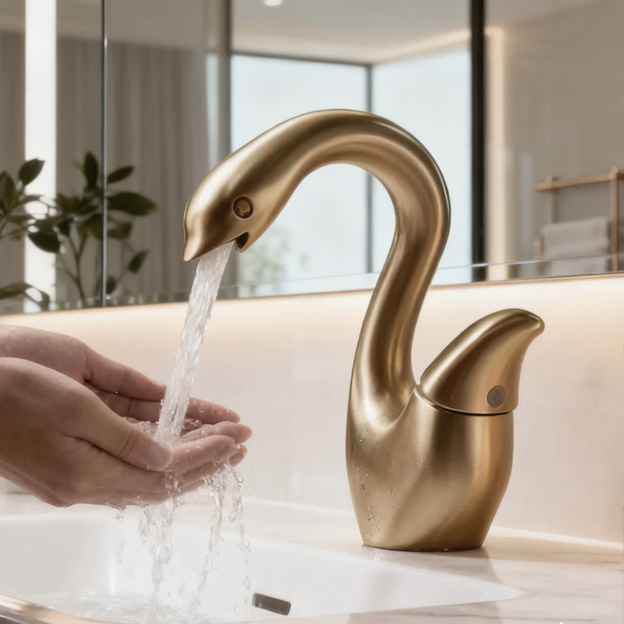 

JIENI Brushed Gold Bathroom Sink Faucet Art Swan Style Washbasin Faucets Modern Toilet Vanity Deck Mounted Mixer Taps