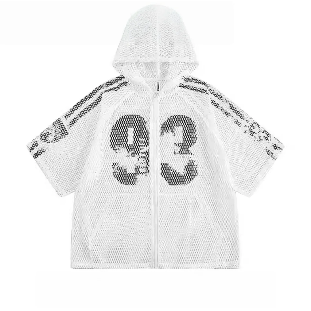 

2026 New Summer Unisex American Retro Mesh Hooded Jersey Hollow Out Breathable Loose Short Sleeve Zip Up Casual Top