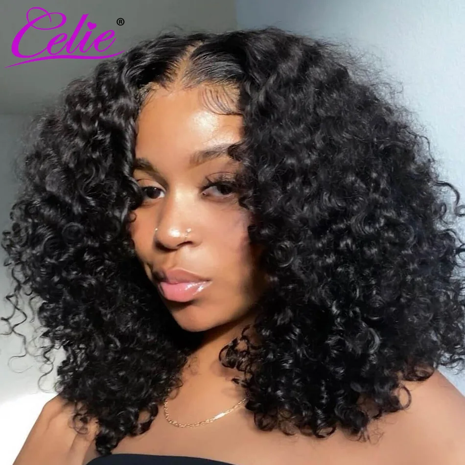 Celie Glueless Lace Front Human Hair Wig HD Transparent Lace Wig 180 Density Wear & Go Brazilian Bouncy Deep Curly Lace Wig