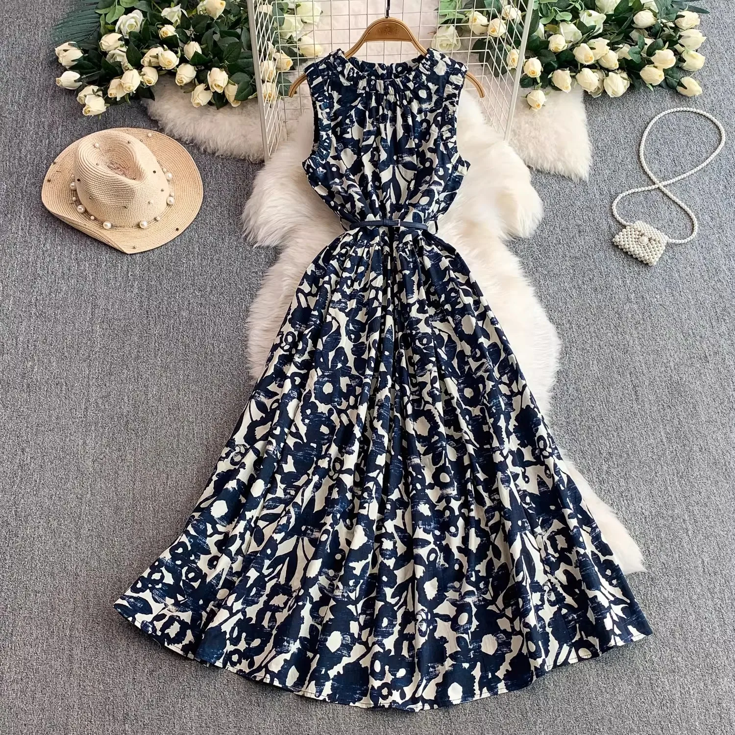 

Summer Fashion Long Dress Women O-Neck Sleeveless Holiday Maxi Vestidos Elegant Street Casual Sundress Solid Party Robe Femme