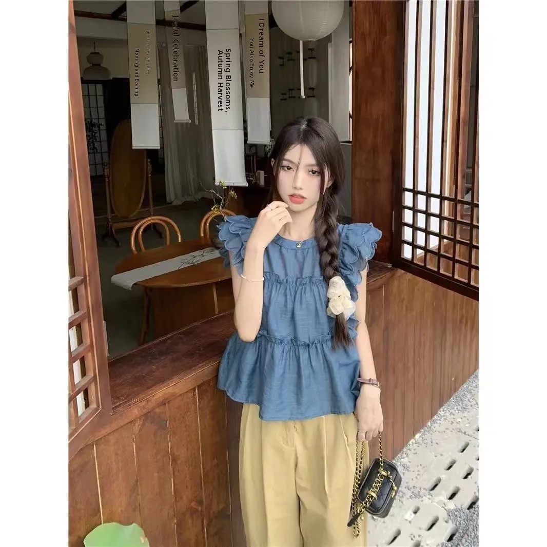 Sweet Doll Sle Loose Fit ronde ne blouse dames zomerirt met fly-sve ort-sve-top voor jonge professionals