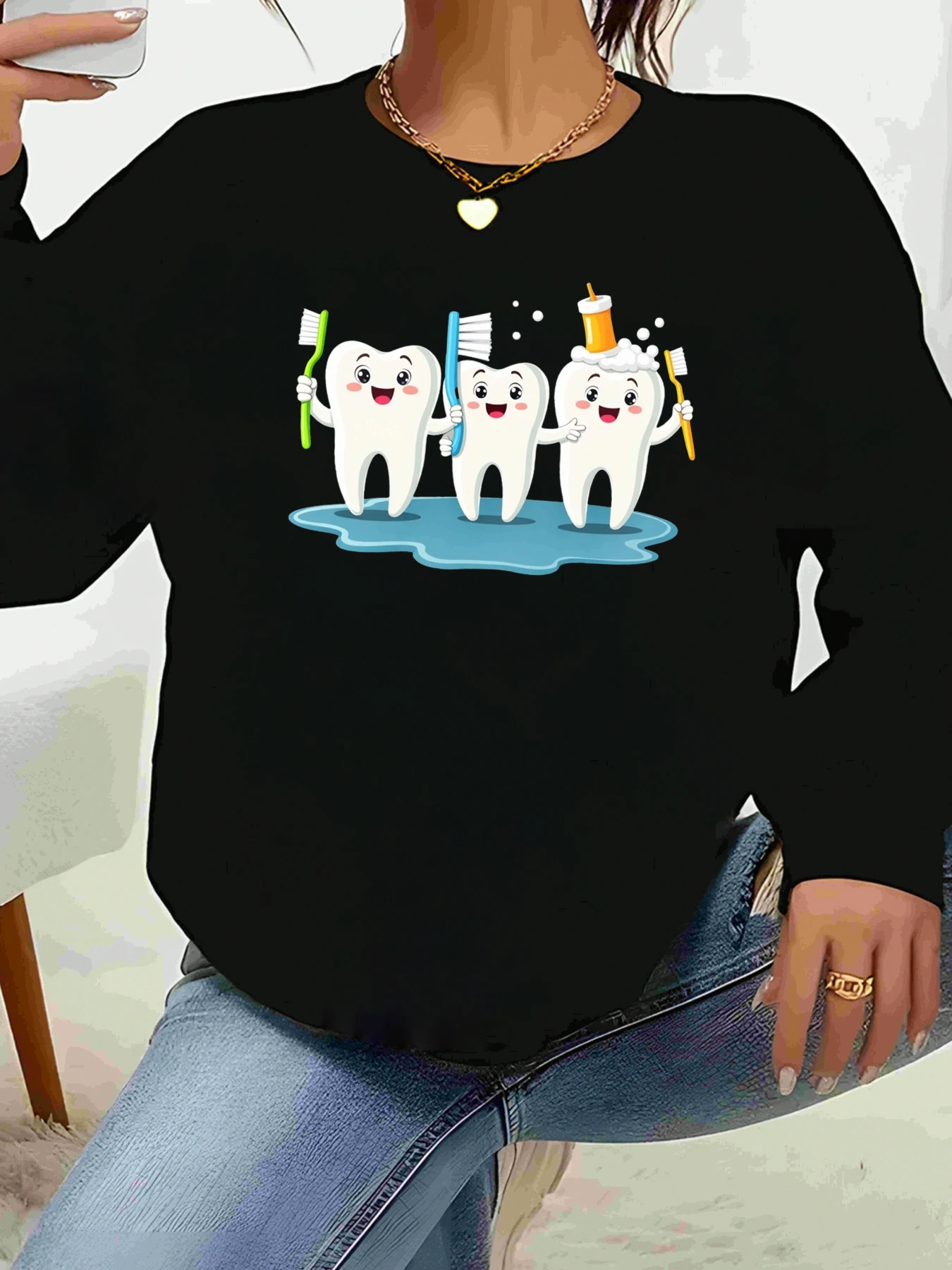 

Топ с длинными рукавами и принтом для чистки зубов из мультфильма, повседневная одежда на Хэллоуин для женщин