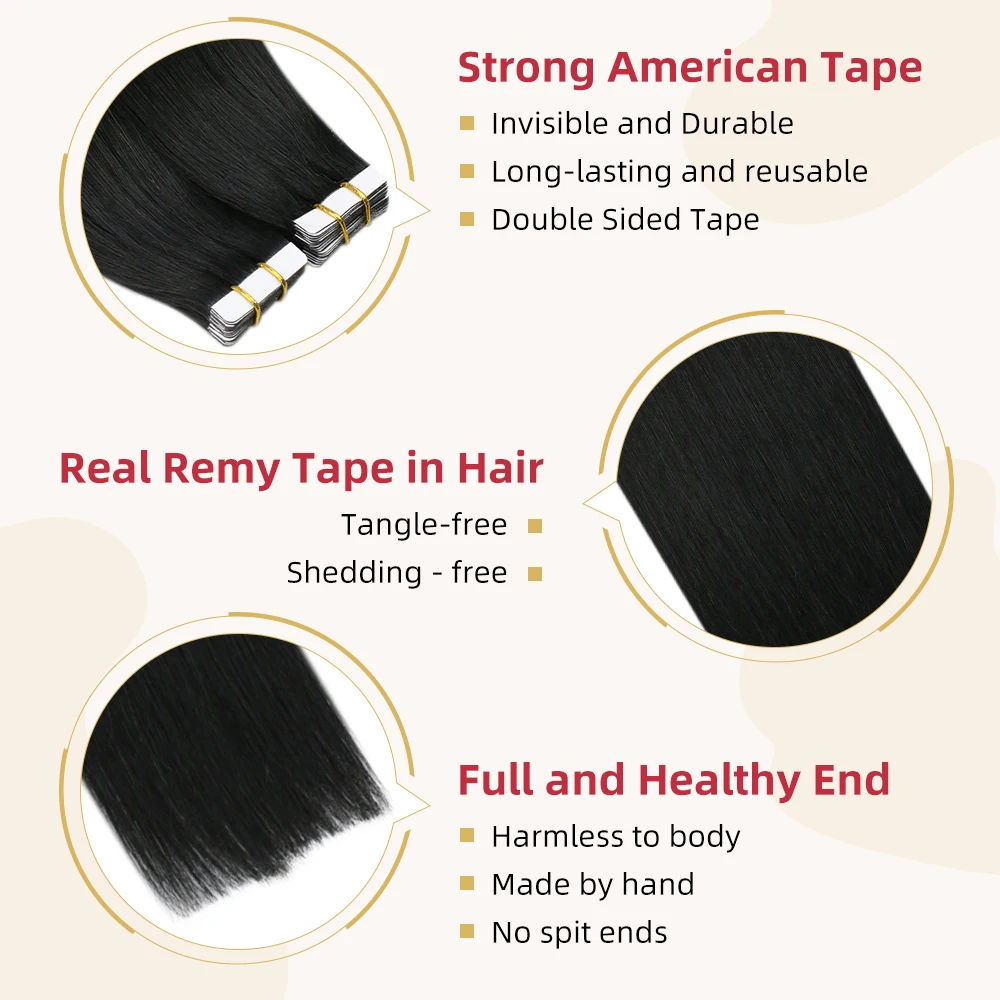 Moresoo Tape in Hair Extensions Black Hair Natural Straight Real Remy Hair Tape Adhesive 100% Human Hair Extensions Tape in