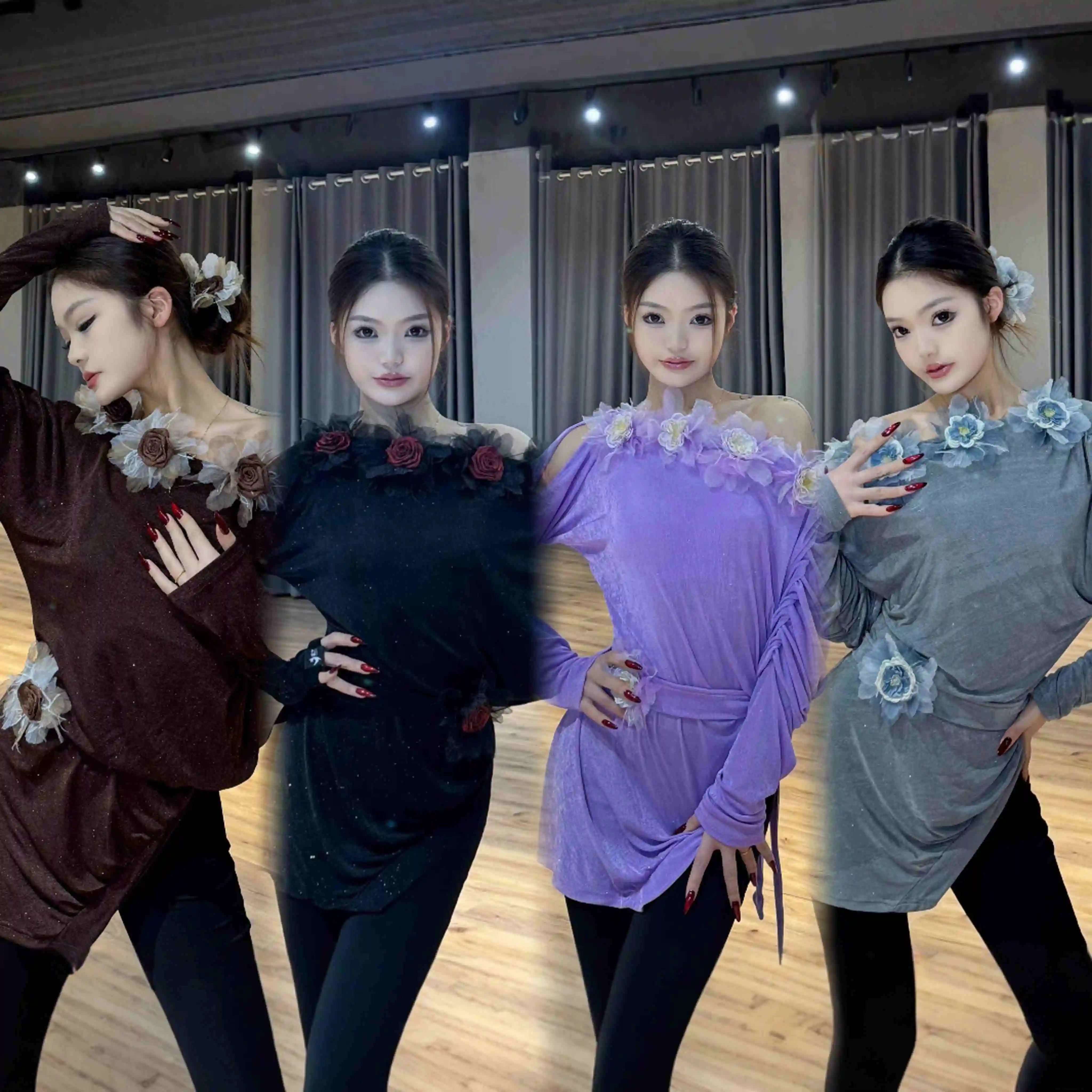 

Latin Dance Dress Women Slanted Shoulder Long Sleeve Shirts Practice Clothes Adult Female Samba Chacha Latin Dance Tops DN19763