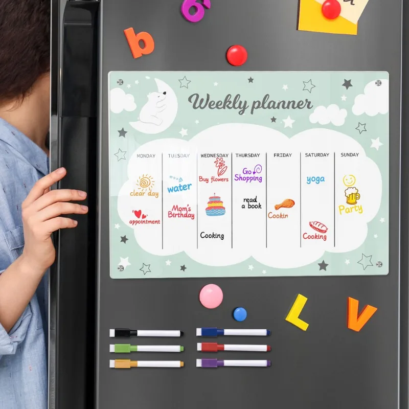 Weekly Planner Magnetic Whiteboard with 3D Cartoon Design and Erasable Function Whiteboard Calendar