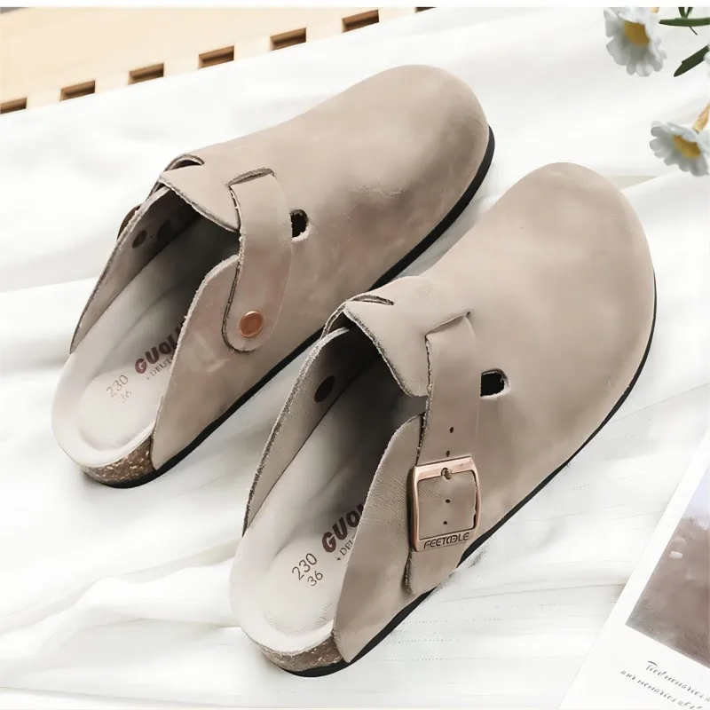 Guoluofei Clogs Women\'s Men Cow Suede Genuine Leather Round Toe Slippers Outdoor Casual Beach Cork Sandals