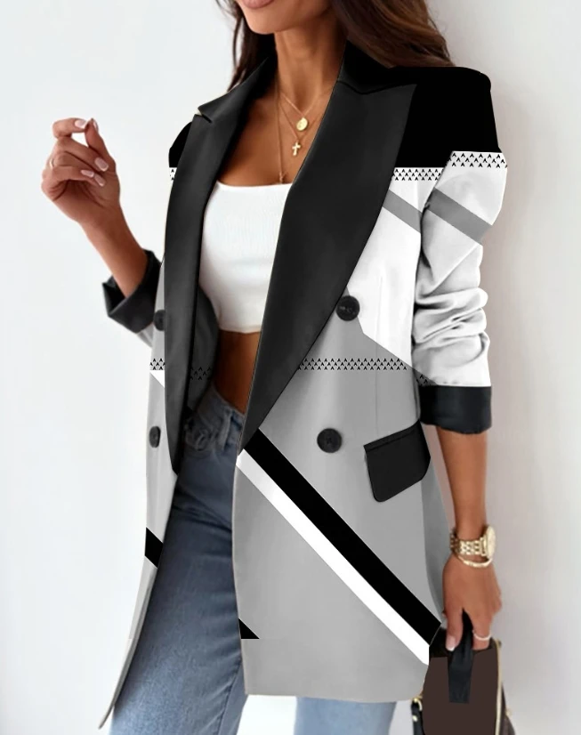 

Jacket for Women 2023 Geometric Print Double Breasted Notched Collar Long Sleeved Blazer Coat Elegant Winter Coat for Women