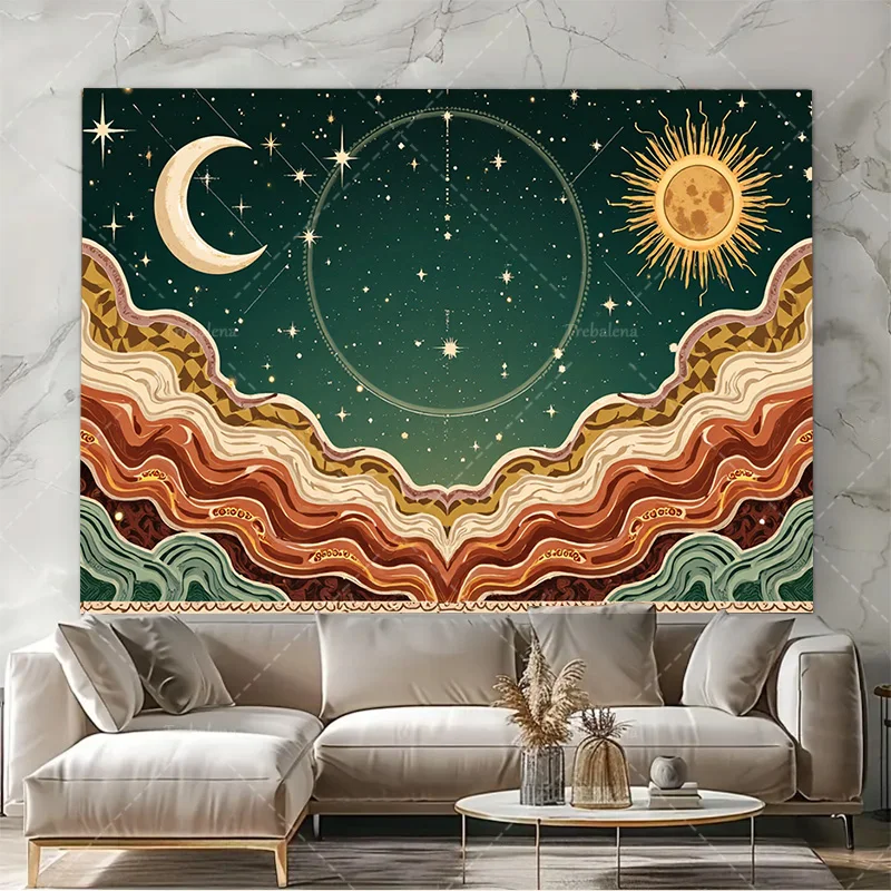1pc Wall Tapestry Cosmic Waves Tapestry - Boho Sun Moon Stars Celestial Art Wall Hanging
