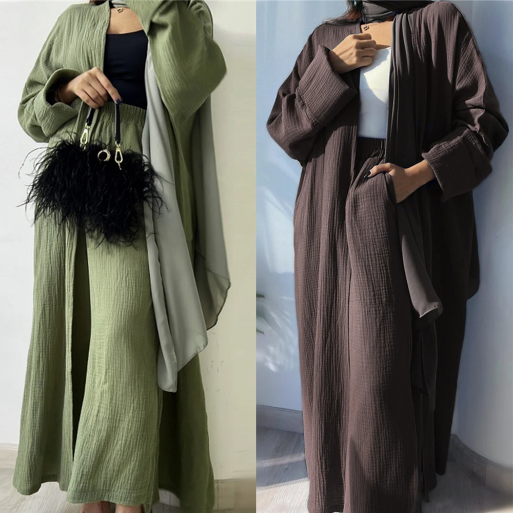 2 Piece Abaya Dubai Islam Turkey Bangladesh Muslim Sets Open Abaya Pants Set Kaftans For Women Crinkle Kimono Outfits Longue